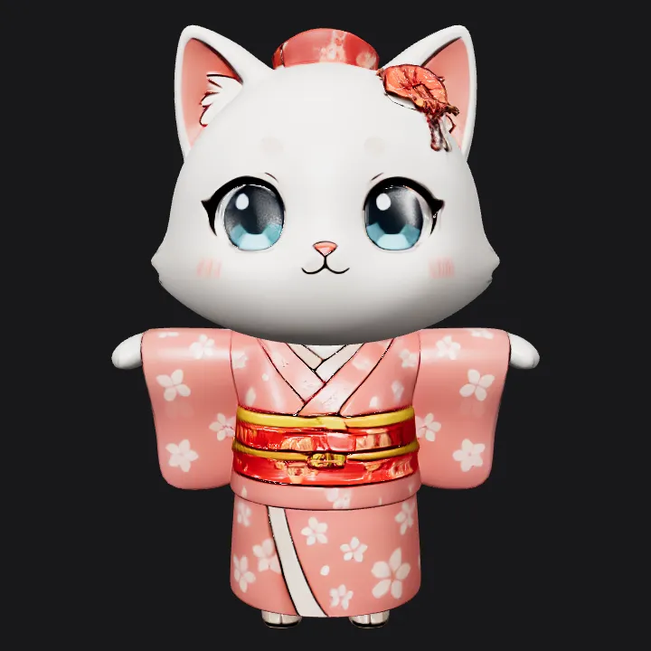 Anime-style cat character in kimono. smooth edges, simple geometry, game-ready, character, symmetric geometry.
