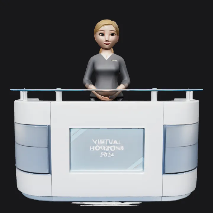 Person standing at modern reception counter. smooth edges, complex geometry, character.