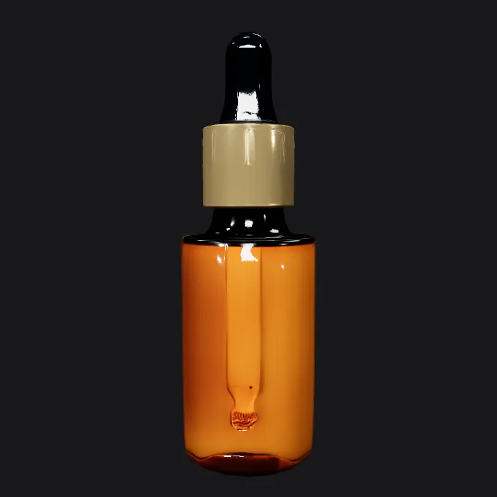 Brown glass dropper bottle with gold cap. smooth edges, simple geometry, symmetric geometry.