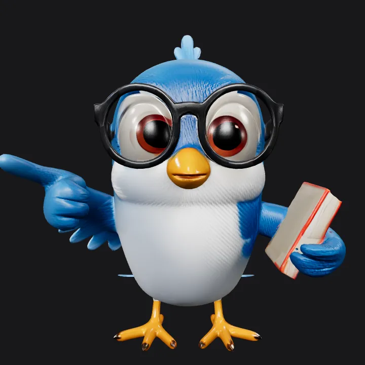 Cartoon blue bird with glasses and book. smooth edges, complex geometry, game-ready, character.