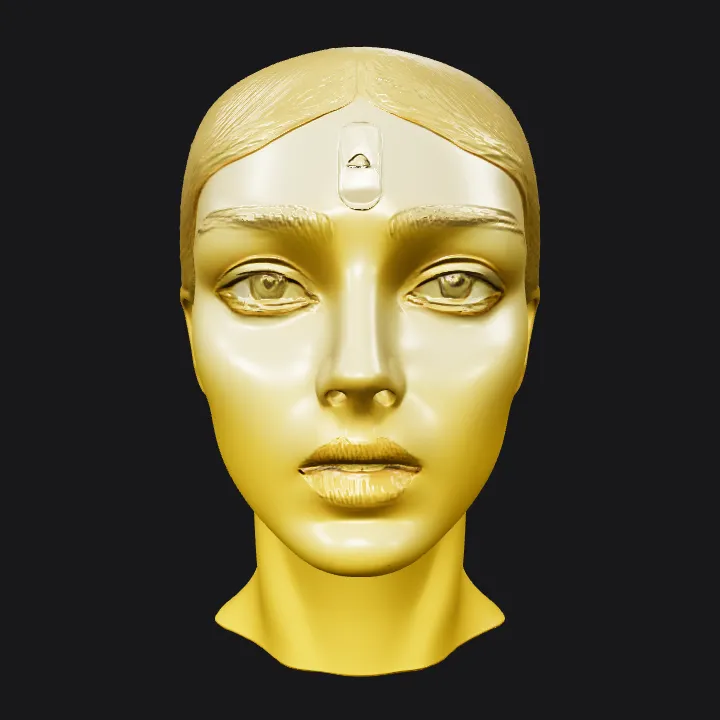 golden human head sculpture. smooth edges, simple geometry, character, symmetric geometry.