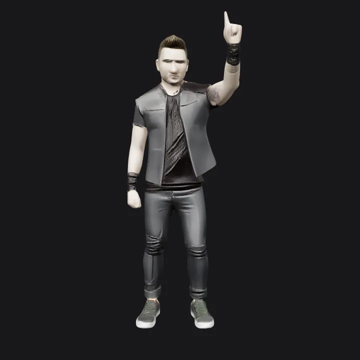 Man standing with thumb raised. smooth edges, complex geometry, character.