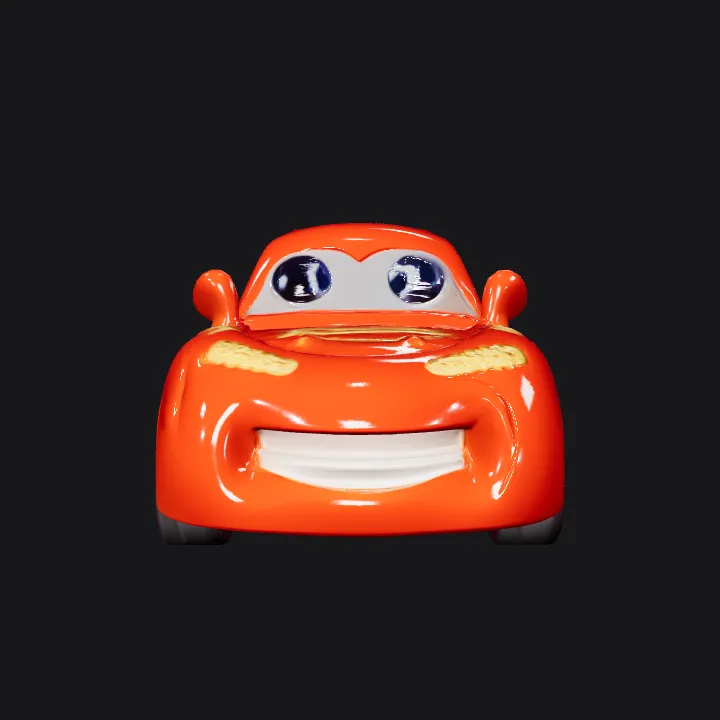 cartoon red race car with eyes and smile. smooth edges, simple geometry, character, symmetric geometry.