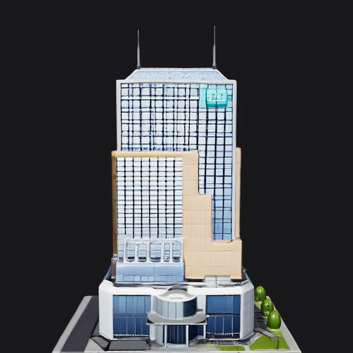 Modern office high-rise building model. sharp edges, complex geometry, game-ready.