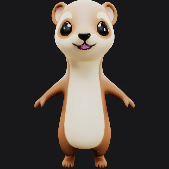 Cute cartoon weasel standing upright. smooth edges, simple geometry, game-ready, character, symmetric geometry.