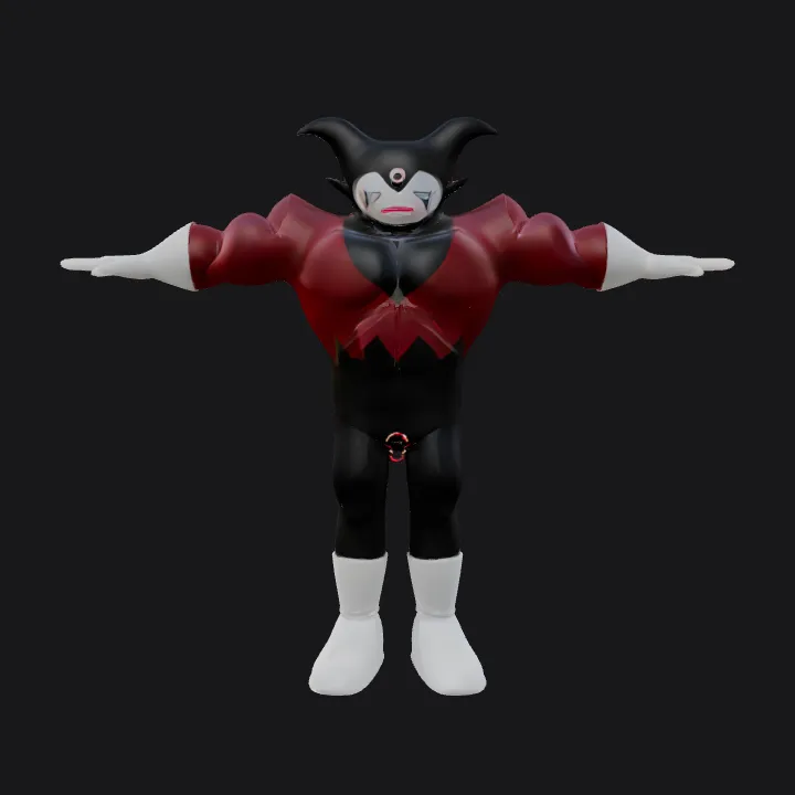 Cartoon jester character in T-pose. simple geometry, game-ready, character, symmetric geometry.