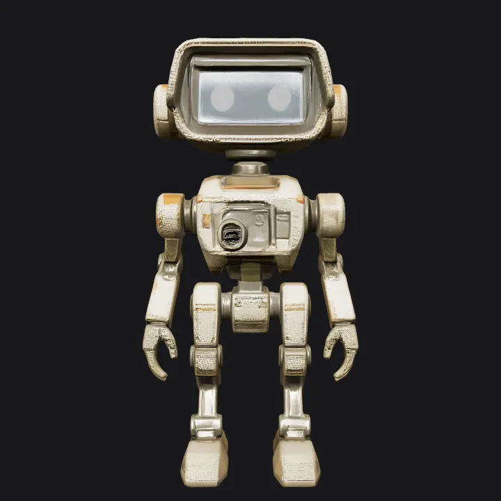 a small humanoid robot with glowing eyes. sharp edges, complex geometry, game-ready, character, symmetric geometry.