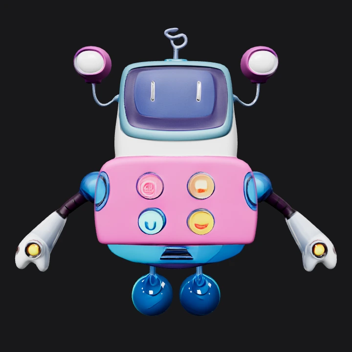Colorful cartoon robot floating. smooth edges, simple geometry, game-ready, character, symmetric geometry.