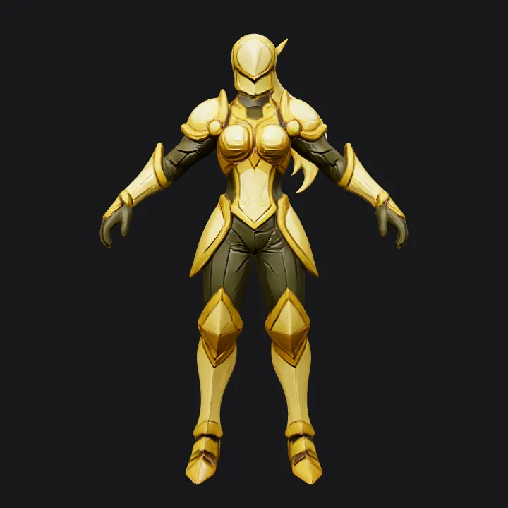 Armored female warrior in gold armor. sharp edges, complex geometry, game-ready, character, symmetric geometry.