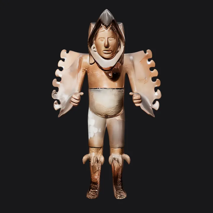 Ancient humanoid bird-themed statue. complex geometry, sharp edges, character, symmetric geometry.