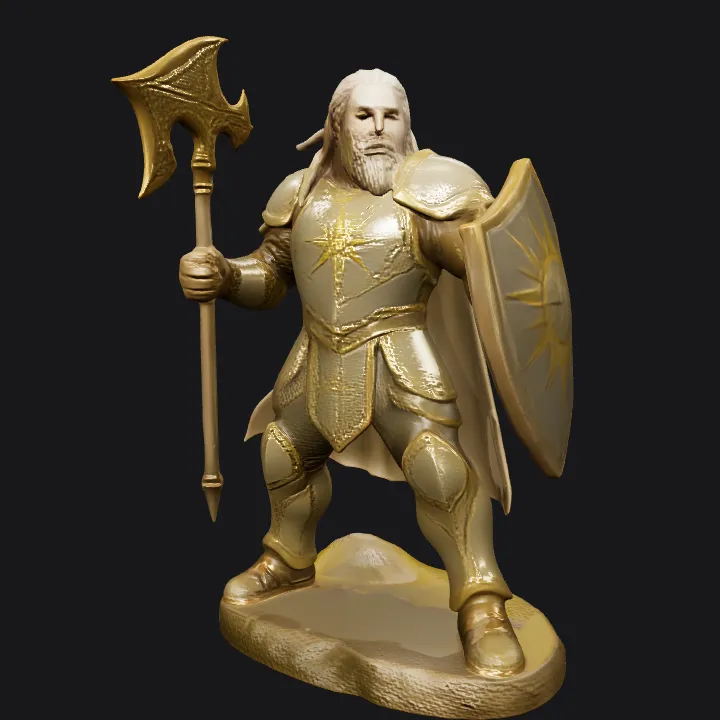 Armored fantasy knight with axe and shield. sharp edges, complex geometry, character.