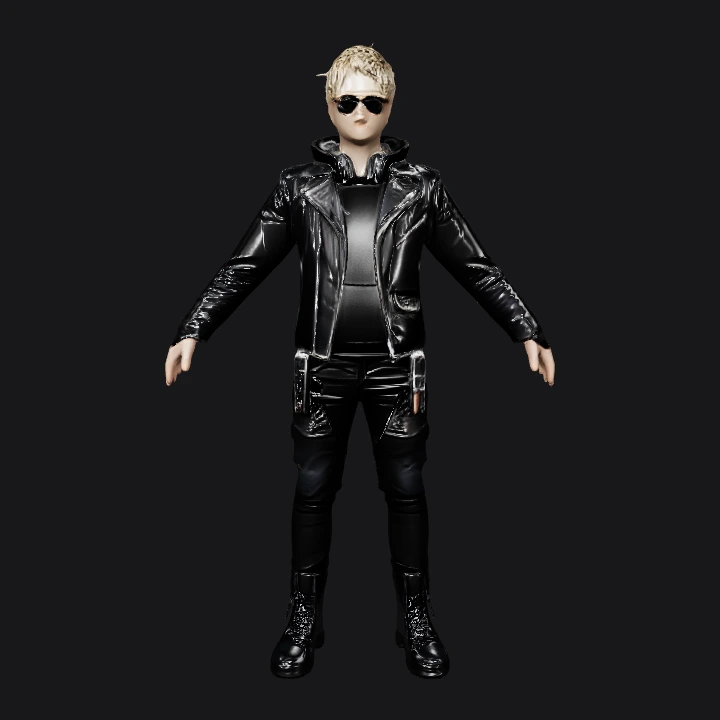 person in black leather clothing. complex geometry, character.