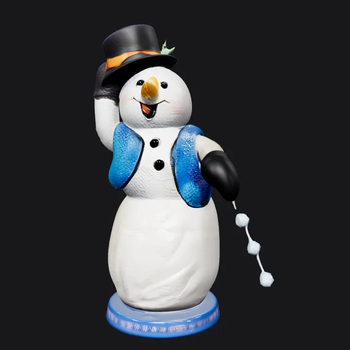 Snowman decoration with blue vest. smooth edges, complex geometry, character.