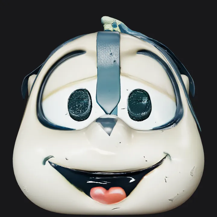 Large cartoonish head with black hair ribbons. smooth edges, simple geometry, game-ready, character, symmetric geometry.