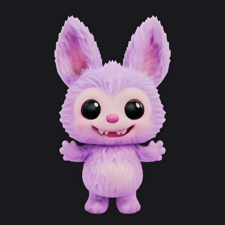 Cute purple furry cartoon creature. smooth edges, complex geometry, game-ready, character, symmetric geometry.