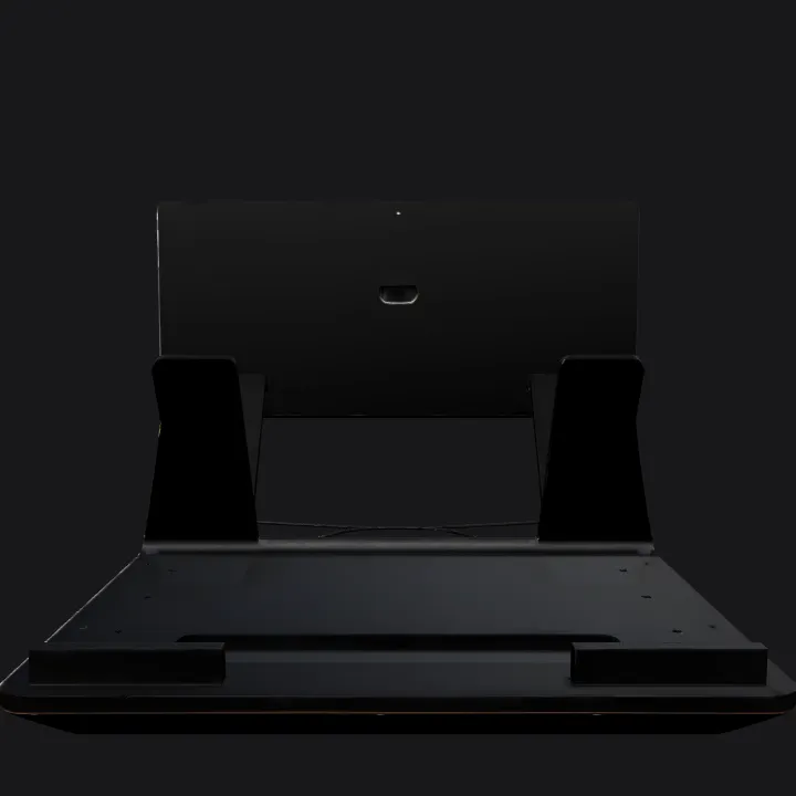 Laptop on a metallic stand. sharp edges, simple geometry, symmetric geometry.