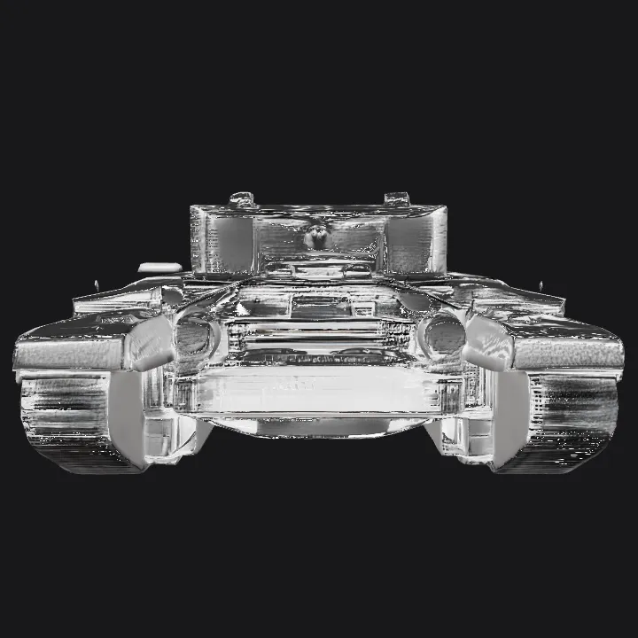 Front view of a military tank. sharp edges, complex geometry, symmetric geometry.