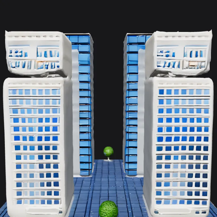 Three modern office buildings together. sharp edges, smooth edges, complex geometry, game-ready, symmetric geometry.