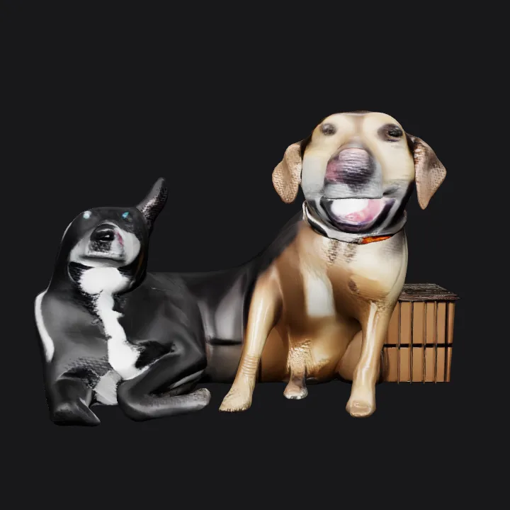 two dogs sitting together. smooth edges, complex geometry, character.