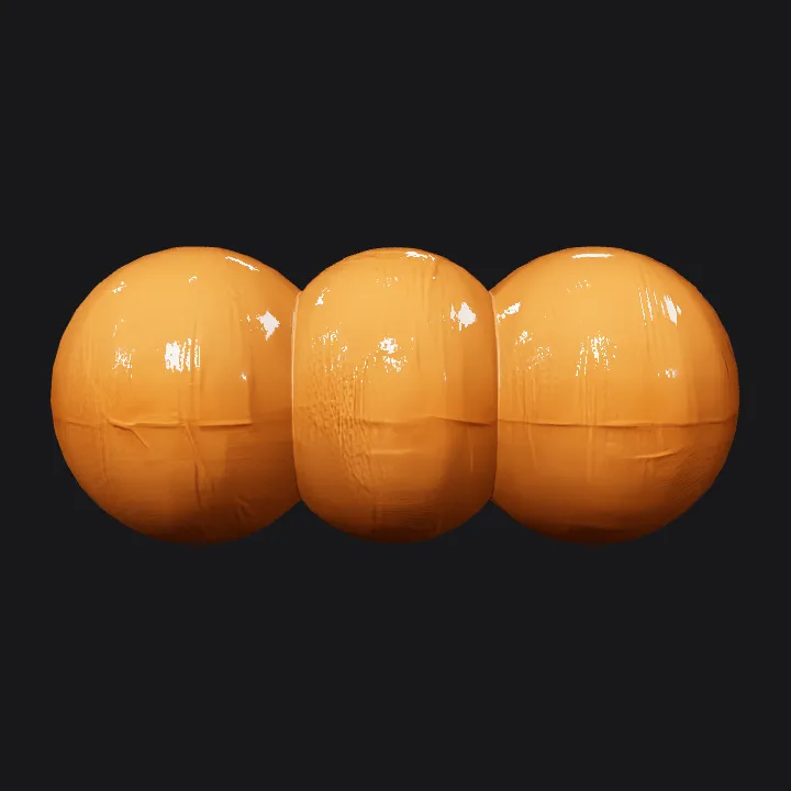Three brown textured balls. smooth edges, simple geometry, symmetric geometry.