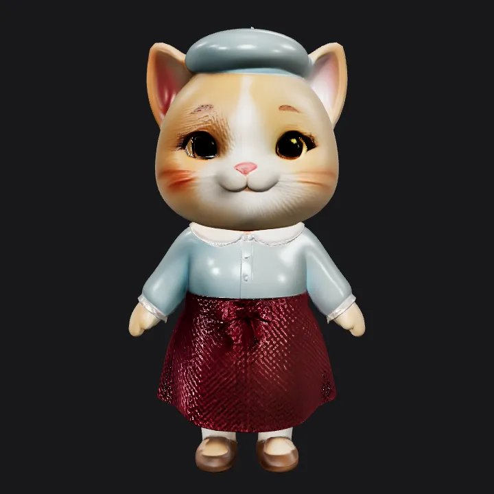 cat doll wearing dress and shoes. smooth edges, complex geometry, game-ready, character, symmetric geometry.