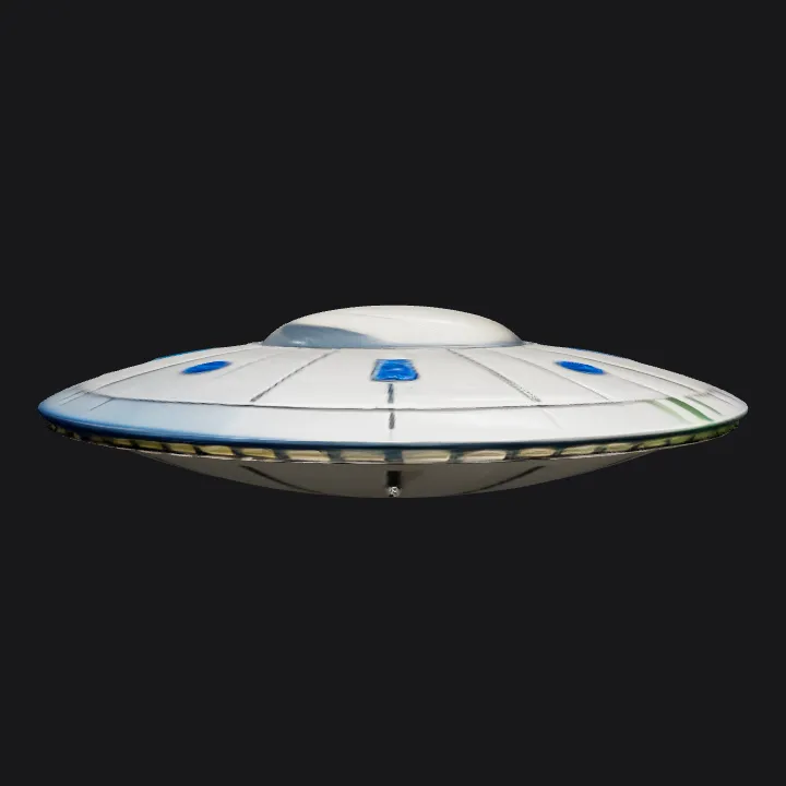 Flying saucer-shaped UFO in sky. smooth edges, simple geometry, symmetric geometry.