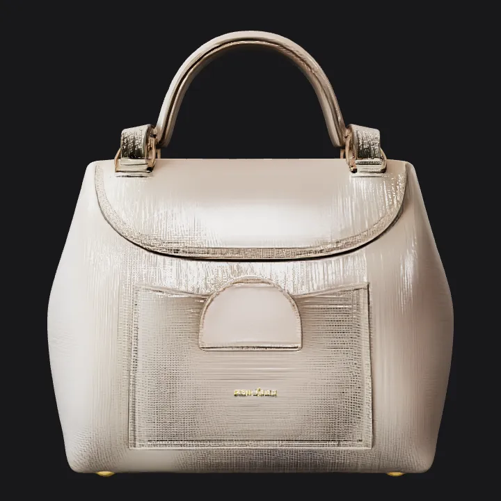 Elegant cream-colored handbag on a dust bag. smooth edges, simple geometry, game-ready, symmetric geometry.
