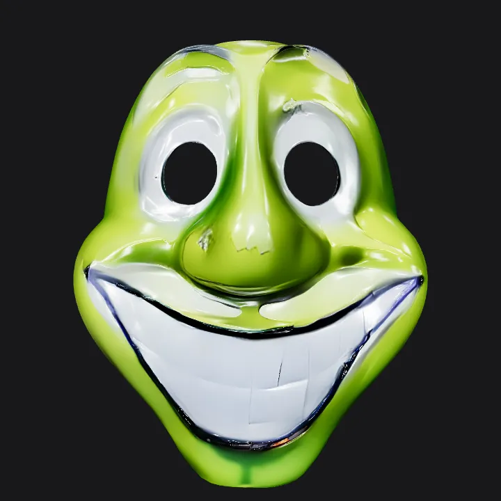 Green cartoon smiling mask face. smooth edges, simple geometry, character, symmetric geometry.