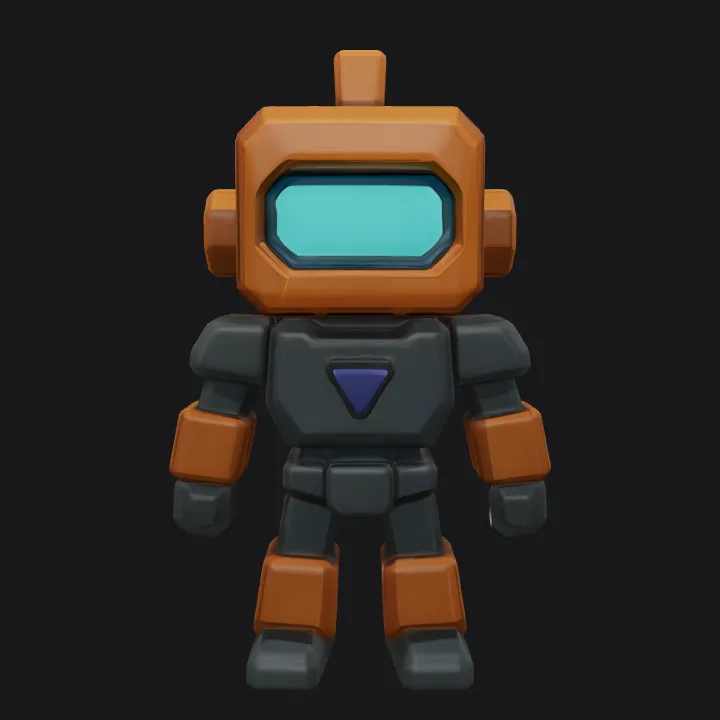 cartoon robot with visor and orange helmet. sharp edges, simple geometry, game-ready, character, symmetric geometry.