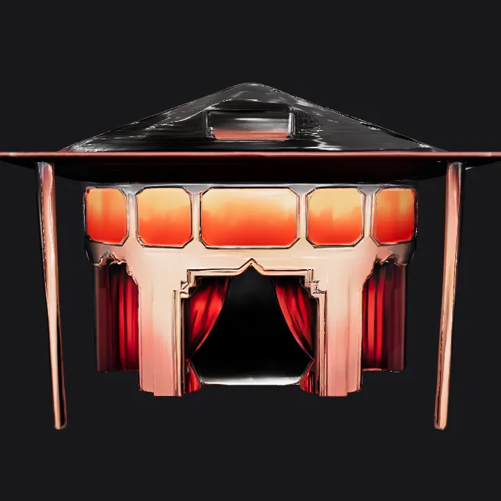 Art deco theater stage with red curtains. sharp edges, smooth edges, complex geometry, symmetric geometry.