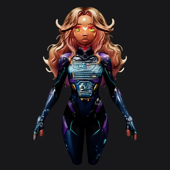 Female sci-fi character in armored suit. complex geometry, smooth edges, game-ready, character, symmetric geometry.