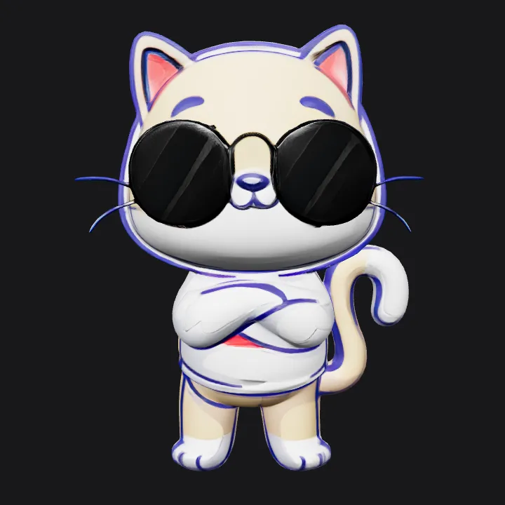 Cool cartoon cat with sunglasses. smooth edges, simple geometry, game-ready, character.
