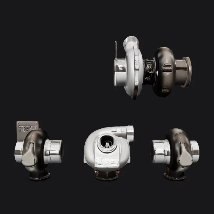 Automotive turbocharger mechanical component. sharp edges, complex geometry, game-ready, symmetric geometry.