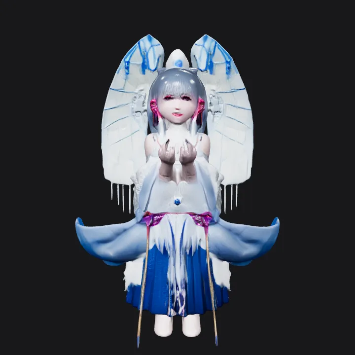 Fantasy cosplay with large blue feathered wings. complex geometry, smooth edges, character.