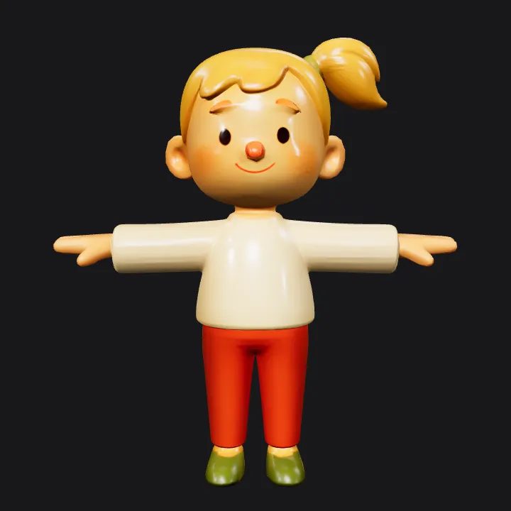 Cartoon child with ponytail. smooth edges, simple geometry, game-ready, character, symmetric geometry.