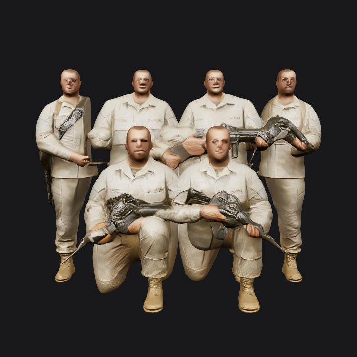 group of soldiers in uniform with rifles. complex geometry, character.