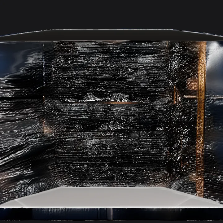 Urban street at night, rainy, neon signage. complex geometry, sharp edges.