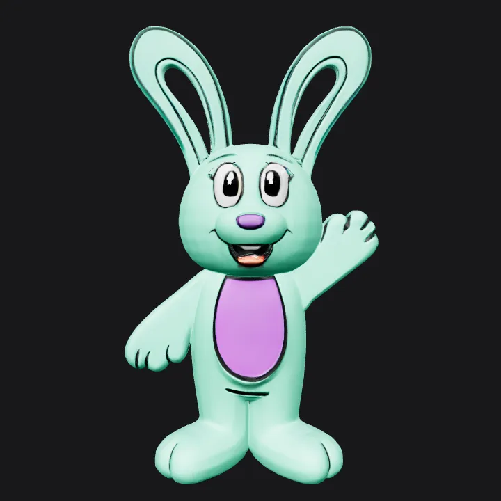 Cartoon green bunny waving. smooth edges, simple geometry, character.