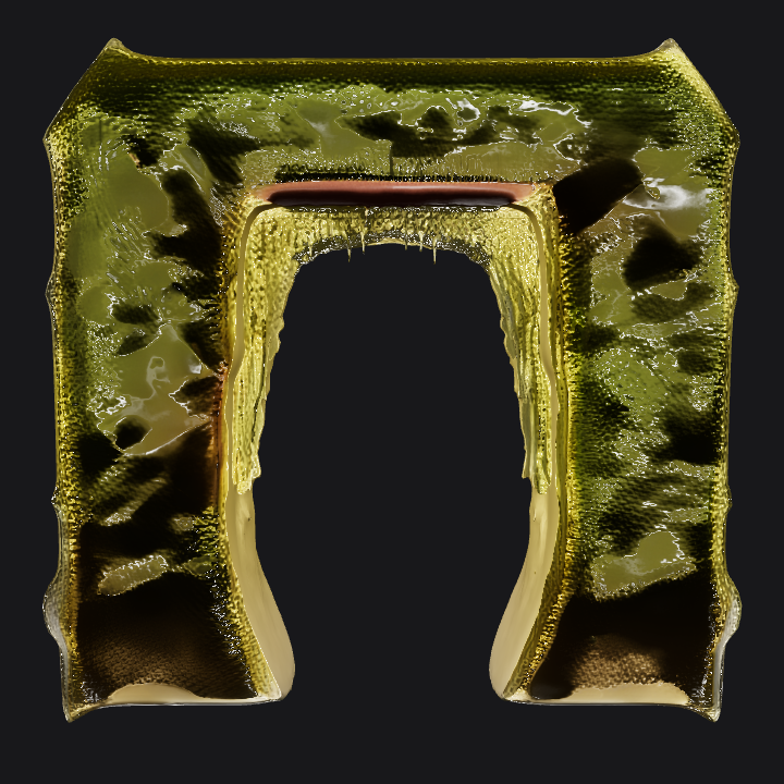 Large stone arch in scenic forest landscape. sharp edges, complex geometry, symmetric geometry.