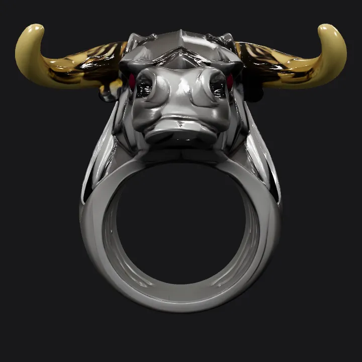 Bull head metallic ring with gold horns. sharp edges, complex geometry, smooth edges, symmetric geometry.