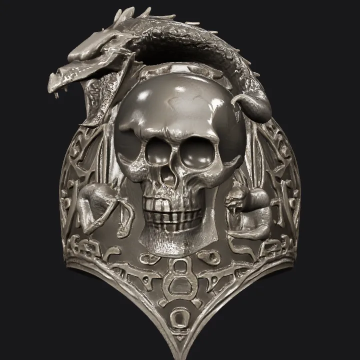 Ornate ring with skull, dragon, and gargoyles. sharp edges, complex geometry.