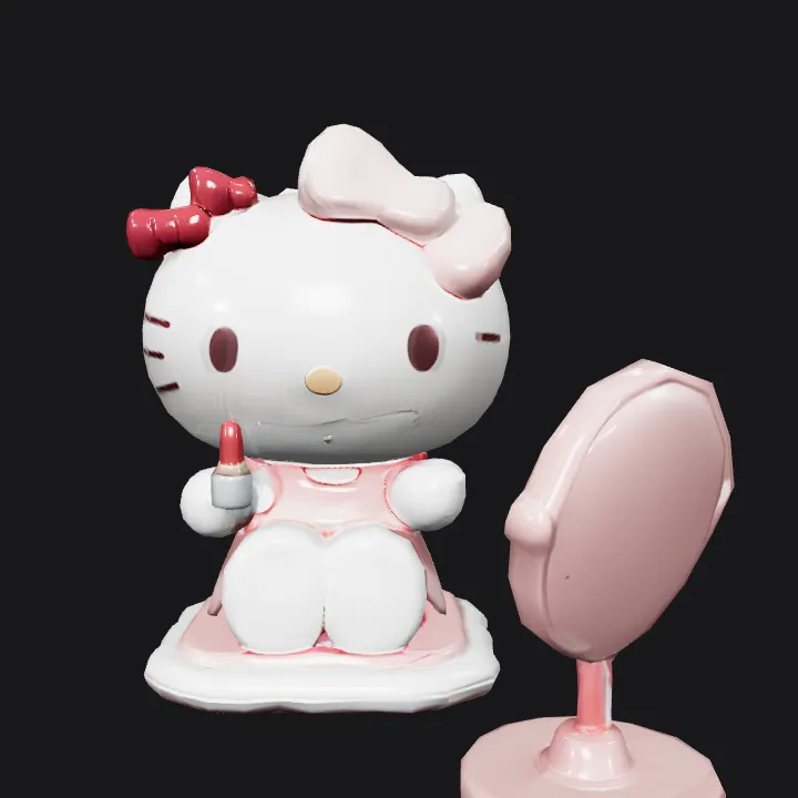 Hello Kitty figurine holding lipstick with mirror. smooth edges, simple geometry, character.