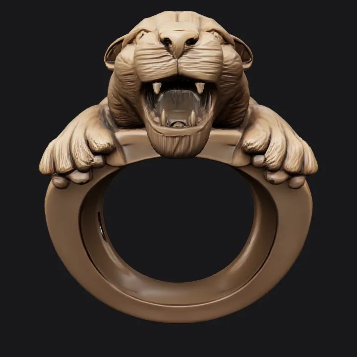 Ring shaped like roaring bear. complex geometry, sharp edges, smooth edges.