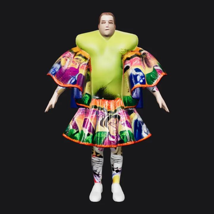 person wearing colorful, elaborate costume. complex geometry, character.