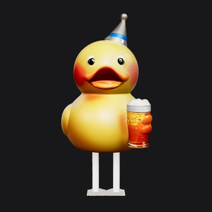 Rubber duck wearing party hat holding beer. smooth edges, simple geometry, game-ready, character.