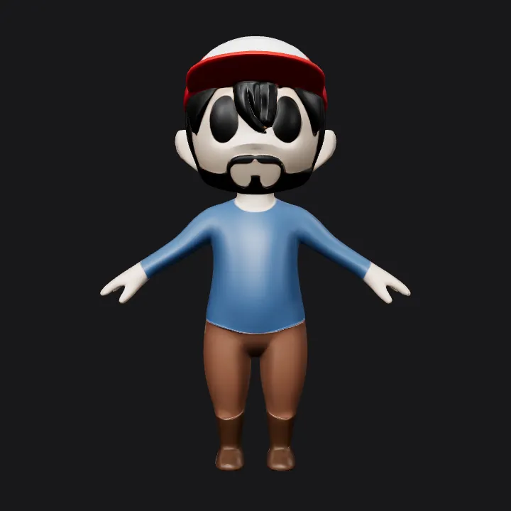 Cartoon man with beard and cap. smooth edges, simple geometry, game-ready, character, symmetric geometry.
