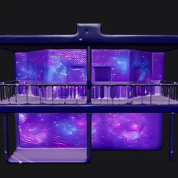 Two-story house with glowing galaxy walls. sharp edges, complex geometry, game-ready, symmetric geometry.