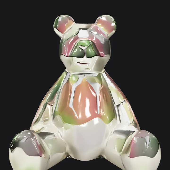 Iridescent teddy bear figurine. simple geometry, game-ready, character, symmetric geometry.