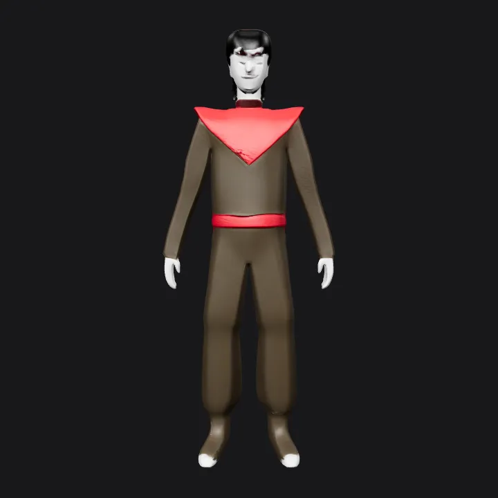 person in red and black suit standing. smooth edges, simple geometry, character, symmetric geometry.