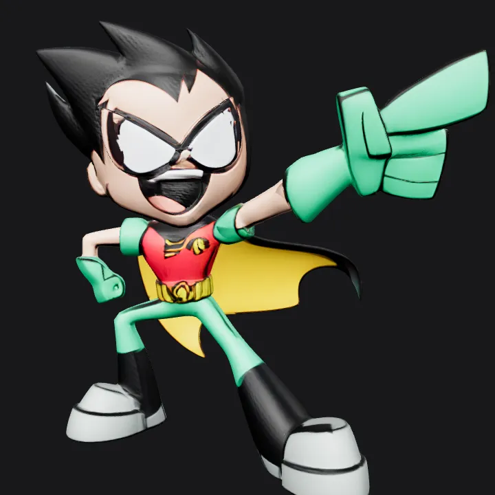 Cartoon superhero character, Robin from Teen Titans. sharp edges, simple geometry, game-ready, character.